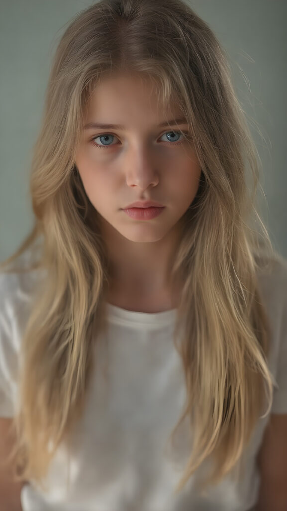 A (((vividly detailed full-body photo))), capturing a (((beautiful, sad and frightened adult girl))) with delicate, (((smooth and straight golden hair (((with a soft warm glow))) that flows elegantly down to her waist and creates a perfect symmetry across her back. Her (((softly curved face))) exudes an air of mystery and tranquility, adorned with (((black artfully drawn thin brows))), that frame her face beautifully. Her (((natural eye color))) adds a touch of realism to the overall image. (((Perfect hand and fingers))). Perfectly aligned lips create a harmonious smile. The (((natural texture of her skin))) adds a touch of realism to the overall image. She wears a (((super short tight (white) cotton shirt))) and (((cute (tiny denim shorts))) that enhance her perfect symmetry and convey a sense of warmth and comfort. The (((natural texture of her skin))) adds a touch of realism to the overall image, creating a perfect harmony between the subject's image and the surroundings.