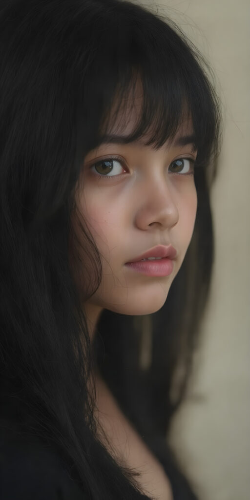 A (((vividly detailed full body medium silhouette shot))) of a (((beautiful teen girl))), with her (((black hair with straight long hair and thin bangs))), pale ((glancing silver-white eyes) that exude an air of innocence and youth, mixed with a healthy dolce vita complexion, all set against a (softly swirling natural background) that brings to mind a sense of gentle adventure