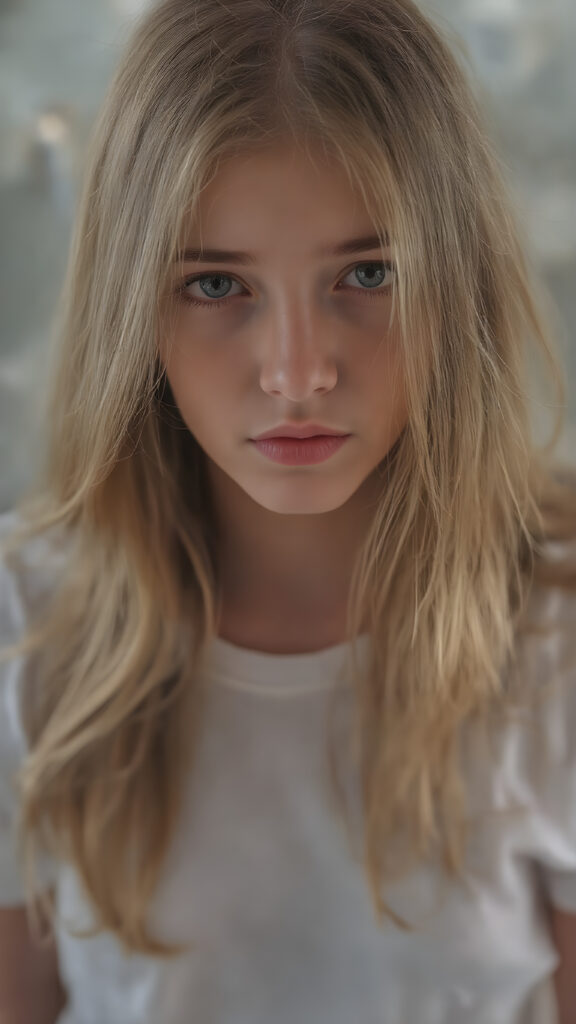 A (((vividly detailed full-body photo))), capturing a (((beautiful, sad and frightened adult girl))) with delicate, (((smooth and straight golden hair (((with a soft warm glow))) that flows elegantly down to her waist and creates a perfect symmetry across her back. Her (((softly curved face))) exudes an air of mystery and tranquility, adorned with (((black artfully drawn thin brows))), that frame her face beautifully. Her (((natural eye color))) adds a touch of realism to the overall image. (((Perfect hand and fingers))). Perfectly aligned lips create a harmonious smile. The (((natural texture of her skin))) adds a touch of realism to the overall image. She wears a (((super short tight (white) cotton shirt))) and (((cute (tiny denim shorts))) that enhance her perfect symmetry and convey a sense of warmth and comfort. The (((natural texture of her skin))) adds a touch of realism to the overall image, creating a perfect harmony between the subject's image and the surroundings.