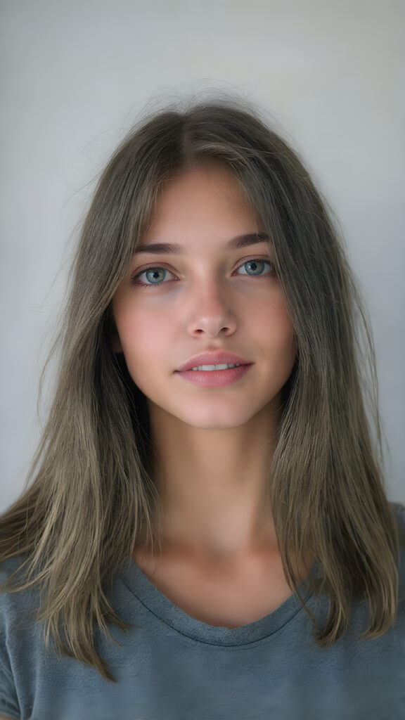 A (((vividly detailed upper body shot))) of a (((cute, attractive, and gorgeously realistic female teen with a beautiful, natural, and exceptionally long, straight, thick, untucked brown hair))), who exudes a warm, inviting smile. Her (((natural brown eyes))), which are captured in a highly detailed and aesthetically pleasing composition, are framed by her (((attractive, perfectly curved lips))) that offer a breathtakingly realistic detail. She wears a (((super short tight (grey t-shirt) that accentuates her perfect anatomy and complements her flawless skin)), accessorizing with (((realistic detailed earrings))) that match her face perfectly. The overall aesthetic is (((extremely hyper realistic for a teenage girl))) (((perfectly curved body))) and elegantly frames her (((face perfectly)), creating a breathtakingly realistic full body image that exudes extreme detail and a youthful, vivacious vibe
