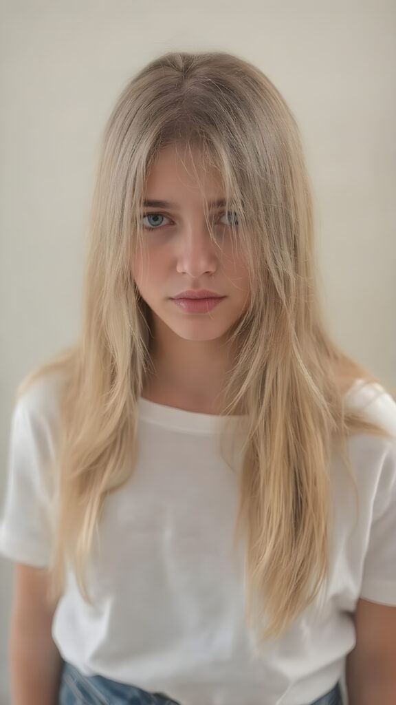 A (((vividly detailed full-body photo))), capturing a (((beautiful, sad and frightened adult girl))) with delicate, (((smooth and straight golden hair (((with a soft warm glow))) that flows elegantly down to her waist and creates a perfect symmetry across her back. Her (((softly curved face))) exudes an air of mystery and tranquility, adorned with (((black artfully drawn thin brows))), that frame her face beautifully. Her (((natural eye color))) adds a touch of realism to the overall image. (((Perfect hand and fingers))). Perfectly aligned lips create a harmonious smile. The (((natural texture of her skin))) adds a touch of realism to the overall image. She wears a (((super short tight (white) cotton shirt))) and (((cute (tiny denim shorts))) that enhance her perfect symmetry and convey a sense of warmth and comfort. The (((natural texture of her skin))) adds a touch of realism to the overall image, creating a perfect harmony between the subject's image and the surroundings.