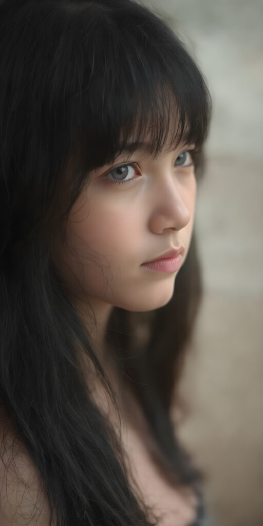 A (((vividly detailed full body medium silhouette shot))) of a (((beautiful teen girl))), with her (((black hair with straight long hair and thin bangs))), pale ((glancing silver-white eyes) that exude an air of innocence and youth, mixed with a healthy dolce vita complexion, all set against a (softly swirling natural background) that brings to mind a sense of gentle adventure