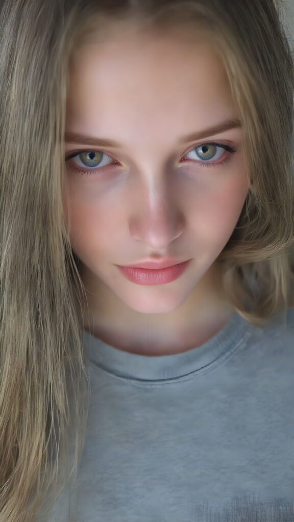 A (((vividly detailed upper body shot))) of a (((cute, attractive, and gorgeously realistic female teen with a beautiful, natural, and exceptionally long, straight, thick, untucked brown hair))), who exudes a warm, inviting smile. Her (((natural brown eyes))), which are captured in a highly detailed and aesthetically pleasing composition, are framed by her (((attractive, perfectly curved lips))) that offer a breathtakingly realistic detail. She wears a (((super short tight (grey t-shirt) that accentuates her perfect anatomy and complements her flawless skin)), accessorizing with (((realistic detailed earrings))) that match her face perfectly. The overall aesthetic is (((extremely hyper realistic for a teenage girl))) (((perfectly curved body))) and elegantly frames her (((face perfectly)), creating a breathtakingly realistic full body image that exudes extreme detail and a youthful, vivacious vibe