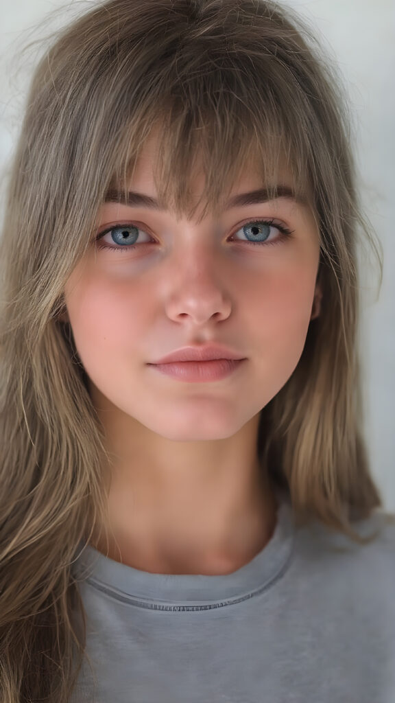 A (((vividly detailed upper body shot))) of a (((cute, attractive, and gorgeously realistic female teen with a beautiful, natural, and exceptionally long, straight, thick, untucked brown hair))), who exudes a warm, inviting smile. Her (((natural brown eyes))), which are captured in a highly detailed and aesthetically pleasing composition, are framed by her (((attractive, perfectly curved lips))) that offer a breathtakingly realistic detail. She wears a (((super short tight (grey t-shirt) that accentuates her perfect anatomy and complements her flawless skin)), accessorizing with (((realistic detailed earrings))) that match her face perfectly. The overall aesthetic is (((extremely hyper realistic for a teenage girl))) (((perfectly curved body))) and elegantly frames her (((face perfectly)), creating a breathtakingly realistic full body image that exudes extreme detail and a youthful, vivacious vibe