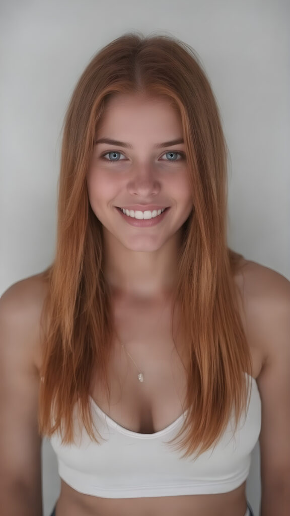 ( A vividly detailed (((full upper body centered portrait))), with a focus on a well busty teen girl with an exotic blend of features. Her long, softly straight jet red hair flows down gracefully, framing her face as she gazes confidently. (((Perfect white teeth are visible through her natural smile))). She's dressed in a very short, tight white tank top that accentuates her toned physique. The top has a high thigh slit and deep v-neck, revealing her flawlessly proportioned legs. The scene is intentionally (((black and white))), with a touch of color added by the teen's naturally vibrant red hair, creating a striking contrast