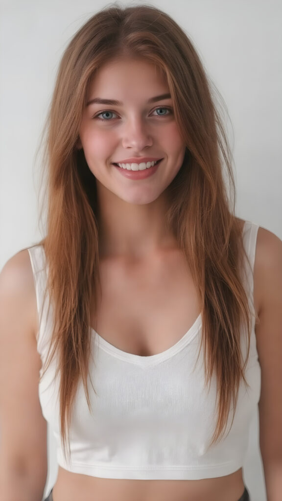( A vividly detailed (((full upper body centered portrait))), with a focus on a well busty teen girl with an exotic blend of features. Her long, softly straight jet red hair flows down gracefully, framing her face as she gazes confidently. (((Perfect white teeth are visible through her natural smile))). She's dressed in a very short, tight white tank top that accentuates her toned physique. The top has a high thigh slit and deep v-neck, revealing her flawlessly proportioned legs. The scene is intentionally (((black and white))), with a touch of color added by the teen's naturally vibrant red hair, creating a striking contrast