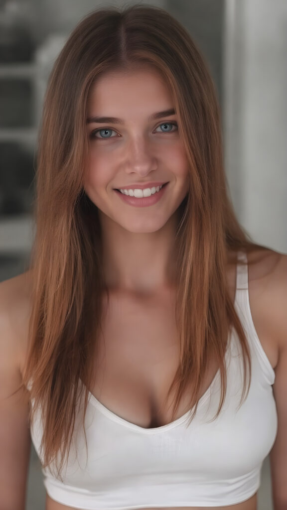 ( A vividly detailed (((full upper body centered portrait))), with a focus on a well busty teen girl with an exotic blend of features. Her long, softly straight jet red hair flows down gracefully, framing her face as she gazes confidently. (((Perfect white teeth are visible through her natural smile))). She's dressed in a very short, tight white tank top that accentuates her toned physique. The top has a high thigh slit and deep v-neck, revealing her flawlessly proportioned legs. The scene is intentionally (((black and white))), with a touch of color added by the teen's naturally vibrant red hair, creating a striking contrast