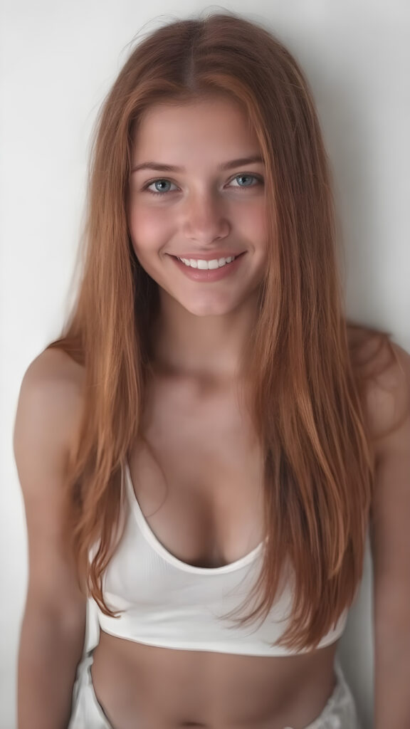 ( A vividly detailed (((full upper body centered portrait))), with a focus on a well busty teen girl with an exotic blend of features. Her long, softly straight jet red hair flows down gracefully, framing her face as she gazes confidently. (((Perfect white teeth are visible through her natural smile))). She's dressed in a very short, tight white tank top that accentuates her toned physique. The top has a high thigh slit and deep v-neck, revealing her flawlessly proportioned legs. The scene is intentionally (((black and white))), with a touch of color added by the teen's naturally vibrant red hair, creating a striking contrast
