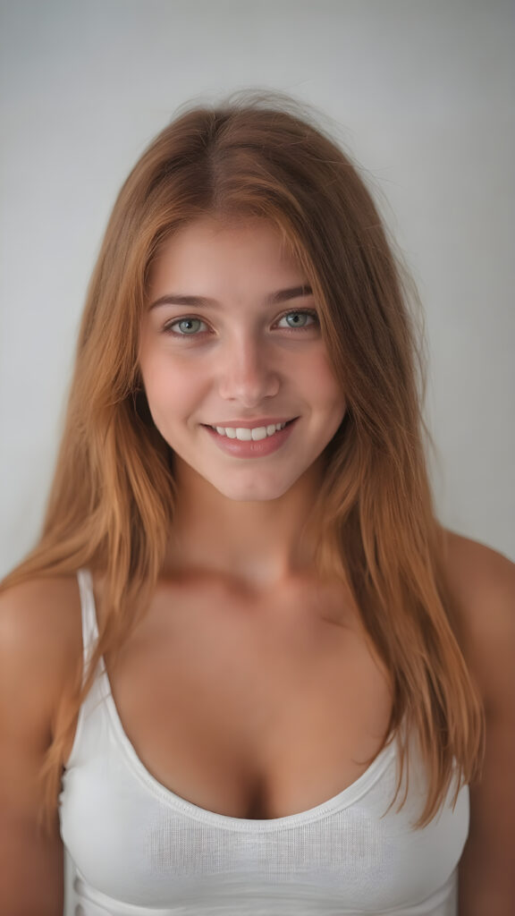 ( A vividly detailed (((full upper body centered portrait))), with a focus on a well busty teen girl with an exotic blend of features. Her long, softly straight jet red hair flows down gracefully, framing her face as she gazes confidently. (((Perfect white teeth are visible through her natural smile))). She's dressed in a very short, tight white tank top that accentuates her toned physique. The top has a high thigh slit and deep v-neck, revealing her flawlessly proportioned legs. The scene is intentionally (((black and white))), with a touch of color added by the teen's naturally vibrant red hair, creating a striking contrast