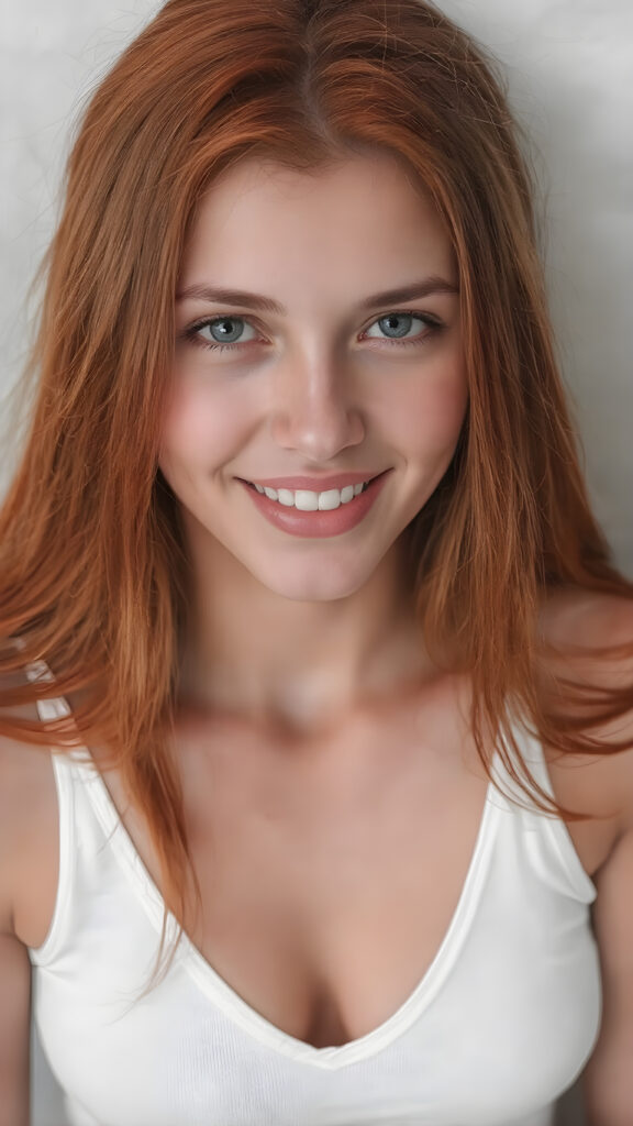 ( A vividly detailed (((full upper body centered portrait))), with a focus on a well busty teen girl with an exotic blend of features. Her long, softly straight jet red hair flows down gracefully, framing her face as she gazes confidently. (((Perfect white teeth are visible through her natural smile))). She's dressed in a very short, tight white tank top that accentuates her toned physique. The top has a high thigh slit and deep v-neck, revealing her flawlessly proportioned legs. The scene is intentionally (((black and white))), with a touch of color added by the teen's naturally vibrant red hair, creating a striking contrast