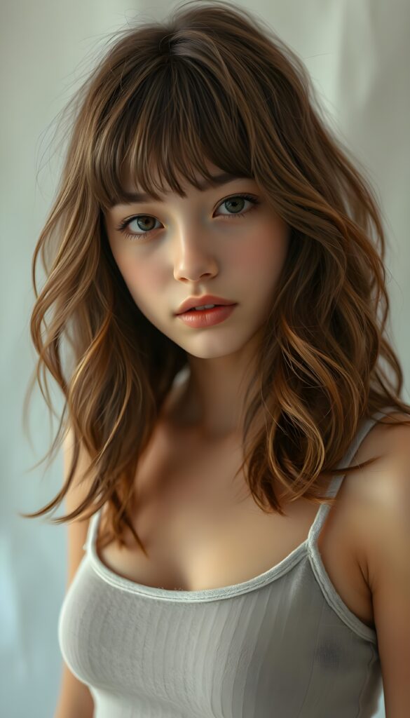 A vividly detailed full-body portrait of a young, she arouses dirty fantasies, ethereal woman with long, slightly wavy, shoulder-length hair that cascades down her back in a mesmerizing, chestnut-brown hue. Her hair gently frames her face, accentuated by perfectly styled bangs that catch the light, adding depth to her youthful beauty. She gazes directly into the camera, her large, expressive baby-doll eyes sparkling with innocence and curiosity, set against a soft, ethereal background that contrasts her lively features. She is dressed in a form-fitting, sleeveless spaghetti-strap wool top that complements her delicate silhouette. The lighting is soft, highlighting her angelic complexion and adding a gentle glow that enhances the overall serene and captivating atmosphere of the image.
