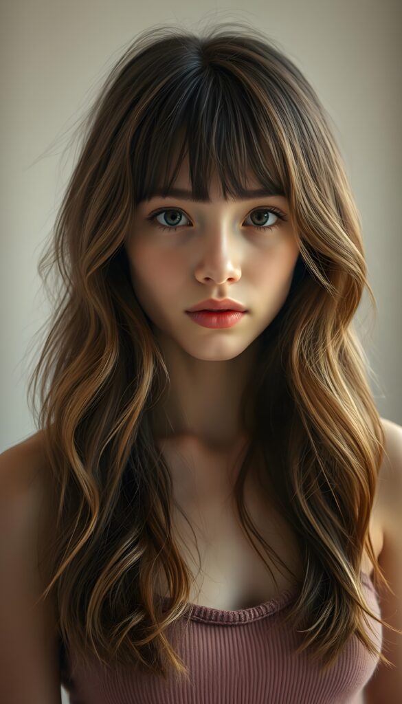 A vividly detailed full-body portrait of a young, she arouses dirty fantasies, ethereal woman with long, slightly wavy, shoulder-length hair that cascades down her back in a mesmerizing, chestnut-brown hue. Her hair gently frames her face, accentuated by perfectly styled bangs that catch the light, adding depth to her youthful beauty. She gazes directly into the camera, her large, expressive baby-doll eyes sparkling with innocence and curiosity, set against a soft, ethereal background that contrasts her lively features. She is dressed in a form-fitting, sleeveless spaghetti-strap wool top that complements her delicate silhouette. The lighting is soft, highlighting her angelic complexion and adding a gentle glow that enhances the overall serene and captivating atmosphere of the image.