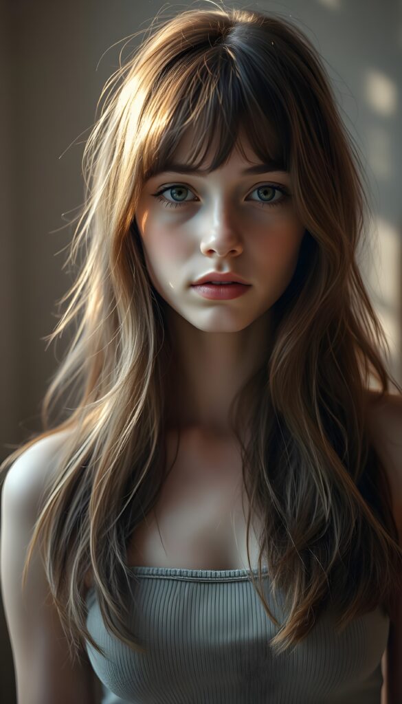 A vividly detailed full-body portrait of a young, she arouses dirty fantasies, ethereal woman with long, slightly wavy, shoulder-length hair that cascades down her back in a mesmerizing, chestnut-brown hue. Her hair gently frames her face, accentuated by perfectly styled bangs that catch the light, adding depth to her youthful beauty. She gazes directly into the camera, her large, expressive baby-doll eyes sparkling with innocence and curiosity, set against a soft, ethereal background that contrasts her lively features. She is dressed in a form-fitting, sleeveless spaghetti-strap wool top that complements her delicate silhouette. The lighting is soft, highlighting her angelic complexion and adding a gentle glow that enhances the overall serene and captivating atmosphere of the image.