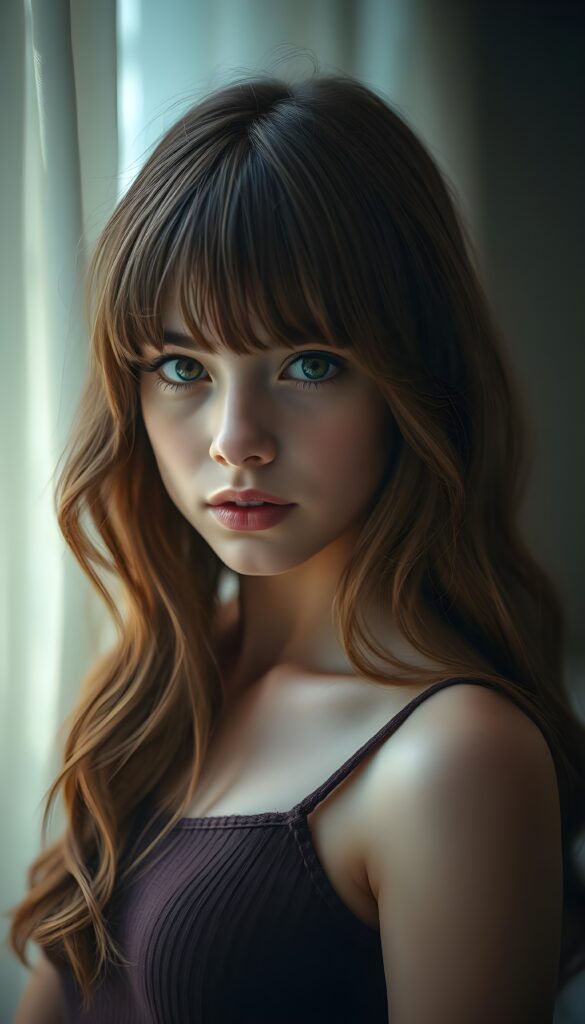 A vividly detailed full-body portrait of a young, she arouses dirty fantasies, ethereal woman with long, slightly wavy, shoulder-length hair that cascades down her back in a mesmerizing, chestnut-brown hue. Her hair gently frames her face, accentuated by perfectly styled bangs that catch the light, adding depth to her youthful beauty. She gazes directly into the camera, her large, expressive baby-doll eyes sparkling with innocence and curiosity, set against a soft, ethereal background that contrasts her lively features. She is dressed in a form-fitting, sleeveless spaghetti-strap wool top that complements her delicate silhouette. The lighting is soft, highlighting her angelic complexion and adding a gentle glow that enhances the overall serene and captivating atmosphere of the image.