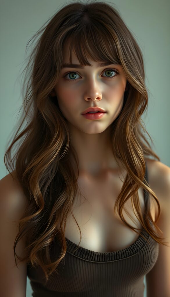 A vividly detailed full-body portrait of a young, she arouses dirty fantasies, ethereal woman with long, slightly wavy, shoulder-length hair that cascades down her back in a mesmerizing, chestnut-brown hue. Her hair gently frames her face, accentuated by perfectly styled bangs that catch the light, adding depth to her youthful beauty. She gazes directly into the camera, her large, expressive baby-doll eyes sparkling with innocence and curiosity, set against a soft, ethereal background that contrasts her lively features. She is dressed in a form-fitting, sleeveless spaghetti-strap wool top that complements her delicate silhouette. The lighting is soft, highlighting her angelic complexion and adding a gentle glow that enhances the overall serene and captivating atmosphere of the image.