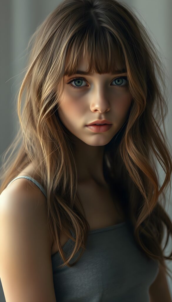 A vividly detailed full-body portrait of a young, she arouses dirty fantasies, ethereal woman with long, slightly wavy, shoulder-length hair that cascades down her back in a mesmerizing, chestnut-brown hue. Her hair gently frames her face, accentuated by perfectly styled bangs that catch the light, adding depth to her youthful beauty. She gazes directly into the camera, her large, expressive baby-doll eyes sparkling with innocence and curiosity, set against a soft, ethereal background that contrasts her lively features. She is dressed in a form-fitting, sleeveless spaghetti-strap wool top that complements her delicate silhouette. The lighting is soft, highlighting her angelic complexion and adding a gentle glow that enhances the overall serene and captivating atmosphere of the image.