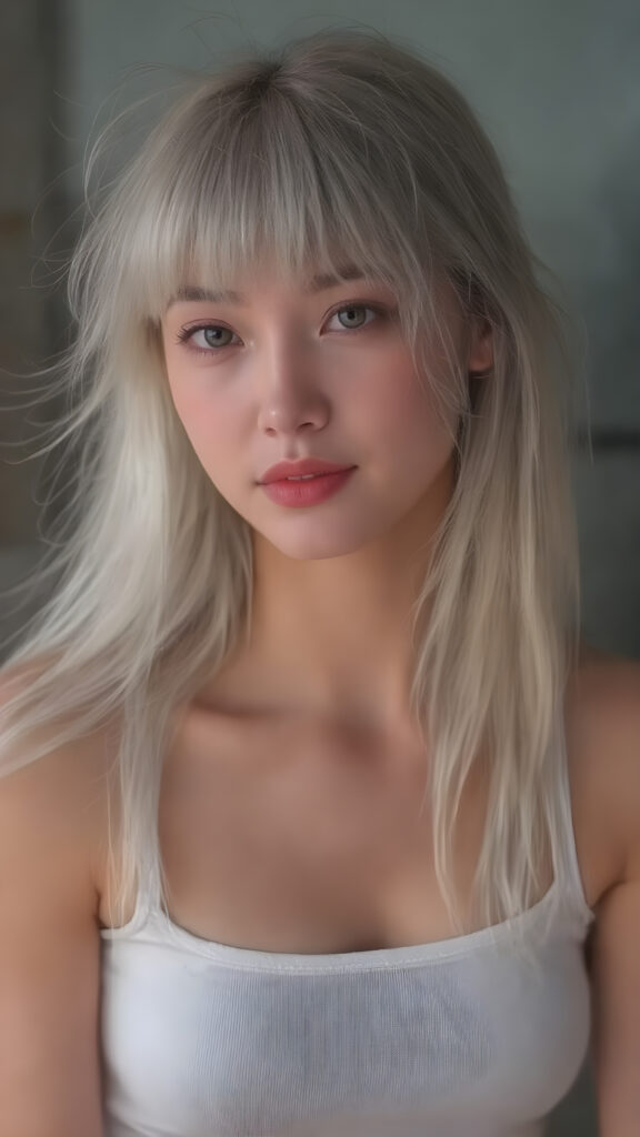 A (((vividly drawn side view of a slim, cute, and gorgeously curved teen female model))) with long, (straight white hair) styled in (Korean bangs), where her thick, (upper body) is beautifully accentuated by a sleek, (tight white tank top) that perfectly complements her physique. Her ((realistic amber eyes)) and flawless complexion are further accentuated by (bright red lips) that add a playful touch to her look. She sits confidently, looking (at the viewer) with a warm smile. Her hair is (slightly tousled) from the wind, but her expression is happy and inviting. The scene is (deeply shadowed) and (hardly illuminated) to emphasize her beauty and elegance. This masterwork captures her perfectly shaped upper body and exquisite facial features ((full body))