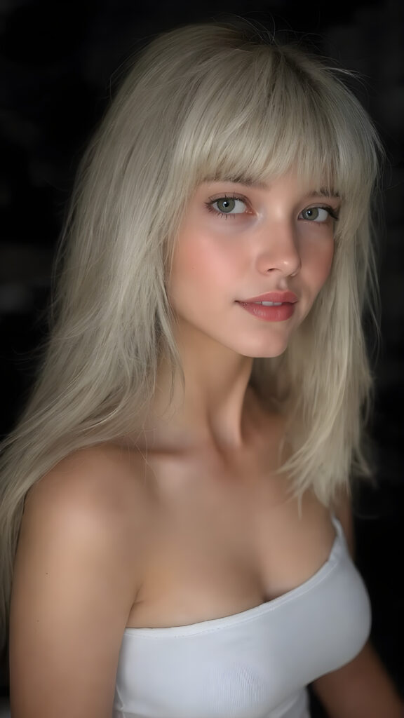 A (((vividly drawn side view of a slim, cute, and gorgeously curved teen female model))) with long, (straight white hair) styled in (Korean bangs), where her thick, (upper body) is beautifully accentuated by a sleek, (tight white tank top) that perfectly complements her physique. Her ((realistic amber eyes)) and flawless complexion are further accentuated by (bright red lips) that add a playful touch to her look. She sits confidently, looking (at the viewer) with a warm smile. Her hair is (slightly tousled) from the wind, but her expression is happy and inviting. The scene is (deeply shadowed) and (hardly illuminated) to emphasize her beauty and elegance. This masterwork captures her perfectly shaped upper body and exquisite facial features ((full body))