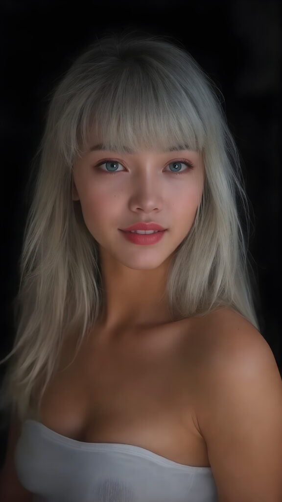 A (((vividly drawn side view of a slim, cute, and gorgeously curved teen female model))) with long, (straight white hair) styled in (Korean bangs), where her thick, (upper body) is beautifully accentuated by a sleek, (tight white tank top) that perfectly complements her physique. Her ((realistic amber eyes)) and flawless complexion are further accentuated by (bright red lips) that add a playful touch to her look. She sits confidently, looking (at the viewer) with a warm smile. Her hair is (slightly tousled) from the wind, but her expression is happy and inviting. The scene is (deeply shadowed) and (hardly illuminated) to emphasize her beauty and elegance. This masterwork captures her perfectly shaped upper body and exquisite facial features ((full body))
