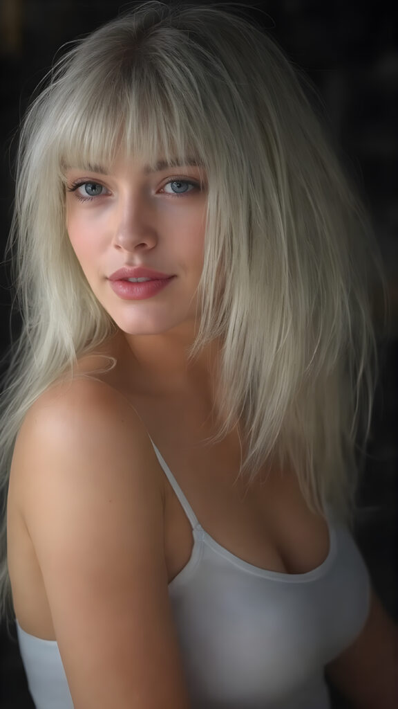 A (((vividly drawn side view of a slim, cute, and gorgeously curved teen female model))) with long, (straight white hair) styled in (Korean bangs), where her thick, (upper body) is beautifully accentuated by a sleek, (tight white tank top) that perfectly complements her physique. Her ((realistic amber eyes)) and flawless complexion are further accentuated by (bright red lips) that add a playful touch to her look. She sits confidently, looking (at the viewer) with a warm smile. Her hair is (slightly tousled) from the wind, but her expression is happy and inviting. The scene is (deeply shadowed) and (hardly illuminated) to emphasize her beauty and elegance. This masterwork captures her perfectly shaped upper body and exquisite facial features ((full body))