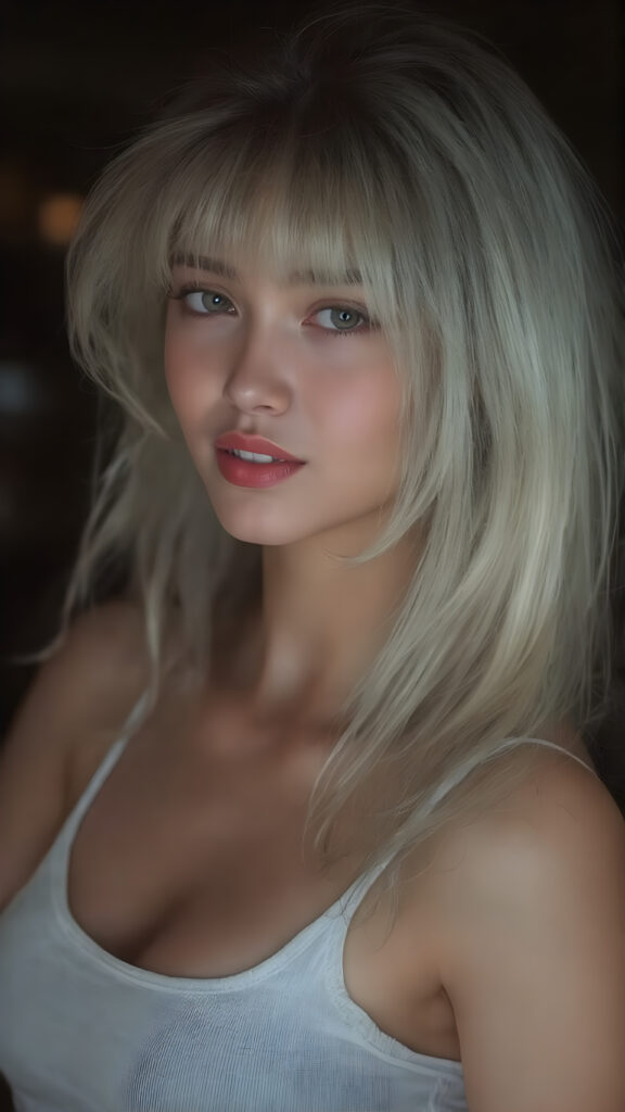 A (((vividly drawn side view of a slim, cute, and gorgeously curved teen female model))) with long, (straight white hair) styled in (Korean bangs), where her thick, (upper body) is beautifully accentuated by a sleek, (tight white tank top) that perfectly complements her physique. Her ((realistic amber eyes)) and flawless complexion are further accentuated by (bright red lips) that add a playful touch to her look. She sits confidently, looking (at the viewer) with a warm smile. Her hair is (slightly tousled) from the wind, but her expression is happy and inviting. The scene is (deeply shadowed) and (hardly illuminated) to emphasize her beauty and elegance. This masterwork captures her perfectly shaped upper body and exquisite facial features ((full body))