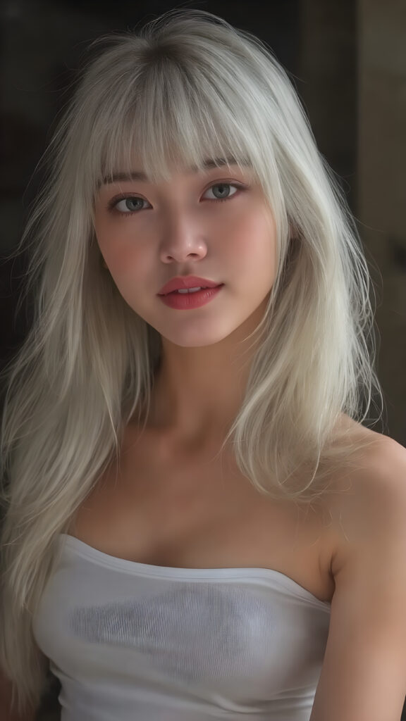 A (((vividly drawn side view of a slim, cute, and gorgeously curved teen female model))) with long, (straight white hair) styled in (Korean bangs), where her thick, (upper body) is beautifully accentuated by a sleek, (tight white tank top) that perfectly complements her physique. Her ((realistic amber eyes)) and flawless complexion are further accentuated by (bright red lips) that add a playful touch to her look. She sits confidently, looking (at the viewer) with a warm smile. Her hair is (slightly tousled) from the wind, but her expression is happy and inviting. The scene is (deeply shadowed) and (hardly illuminated) to emphasize her beauty and elegance. This masterwork captures her perfectly shaped upper body and exquisite facial features ((full body))