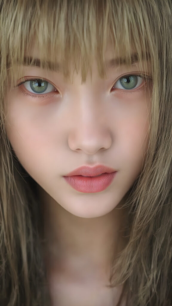 A (((vividly full face))) of a (((beautiful young Japanese girl))), with (((radiant green emerald eyes))), ((perfectly straight long blond and black hair)) framing her face as she sends a playful (((kiss))) to a viewer, her (((full plump lips))), white teeth, (((black eyebrows that frame her face beautifully))). Her (((lips are full and painted in (red lipstick)), oozing elegance and allure, captivating every viewer with her gaze. The scene exudes a (soft, seductive aura) that complements her overall (angelic presence).
