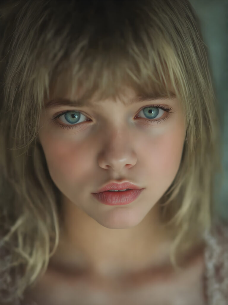 A (((vividly full face))) of a (((beautiful young girl))), with (((radiant green emerald eyes))), ((perfectly straight blond and brown hair)) framing her face as she sends a playful (((kiss))) to a viewer, her (((full plump lips))), (((black eyebrows that frame her face beautifully))), and a (short, tight brown and white checkered dress) accentuating her (symmetrical beauty). Her (((lips are full and painted in (red lipstick)), oozing elegance and allure, captivating every viewer with her gaze. The scene exudes a (soft, seductive aura) that complements her overall (angelic presence).