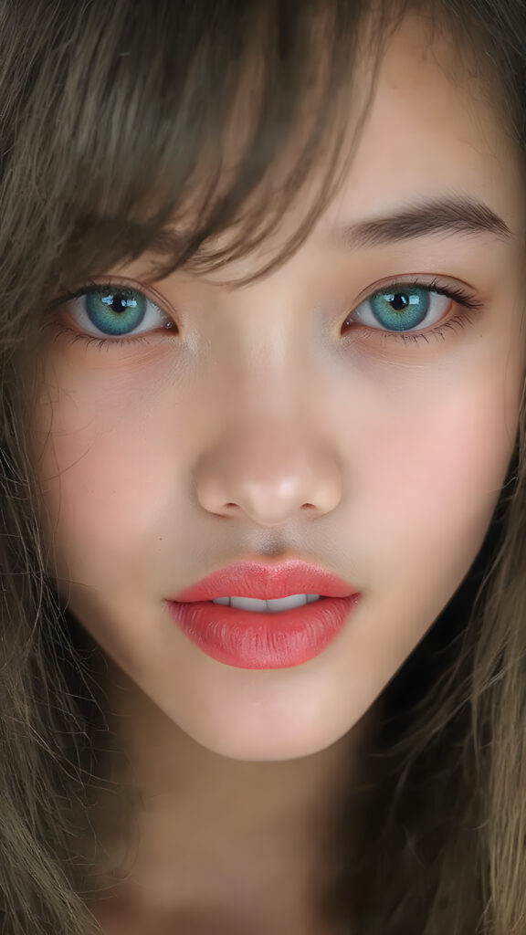A (((vividly full face))) of a (((beautiful young Japanese girl))), with (((radiant green emerald eyes))), ((perfectly straight long blond and black hair)) framing her face as she sends a playful (((kiss))) to a viewer, her (((full plump lips))), white teeth, (((black eyebrows that frame her face beautifully))). Her (((lips are full and painted in (red lipstick)), oozing elegance and allure, captivating every viewer with her gaze. The scene exudes a (soft, seductive aura) that complements her overall (angelic presence).