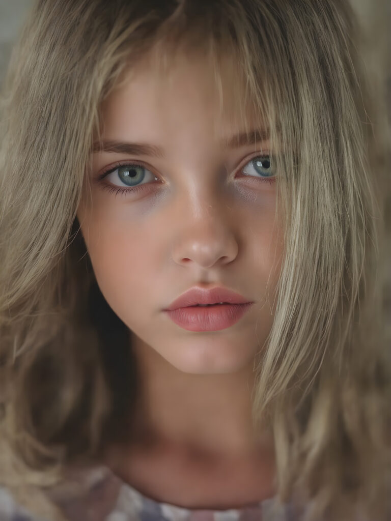 A (((vividly full face))) of a (((beautiful young girl))), with (((radiant green emerald eyes))), ((perfectly straight blond and brown hair)) framing her face as she sends a playful (((kiss))) to a viewer, her (((full plump lips))), (((black eyebrows that frame her face beautifully))), and a (short, tight brown and white checkered dress) accentuating her (symmetrical beauty). Her (((lips are full and painted in (red lipstick)), oozing elegance and allure, captivating every viewer with her gaze. The scene exudes a (soft, seductive aura) that complements her overall (angelic presence).