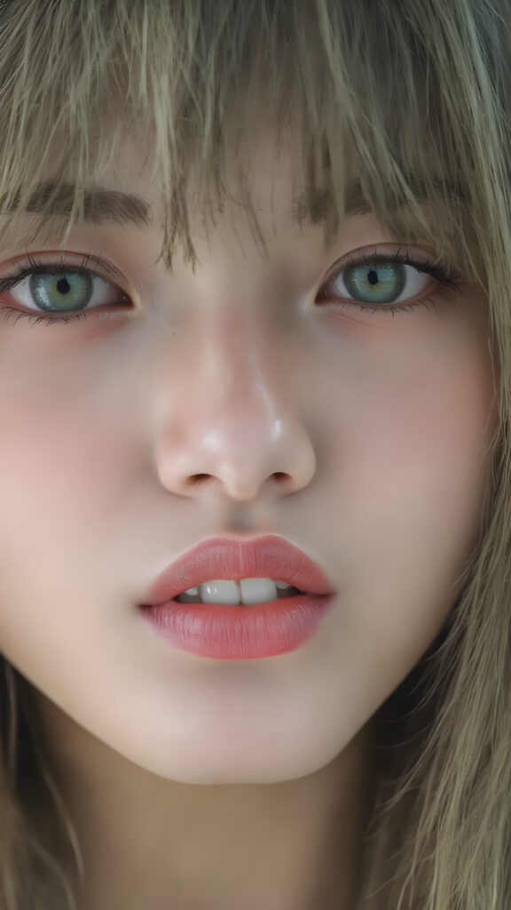 A (((vividly full face))) of a (((beautiful young Japanese girl))), with (((radiant green emerald eyes))), ((perfectly straight long blond and black hair)) framing her face as she sends a playful (((kiss))) to a viewer, her (((full plump lips))), white teeth, (((black eyebrows that frame her face beautifully))). Her (((lips are full and painted in (red lipstick)), oozing elegance and allure, captivating every viewer with her gaze. The scene exudes a (soft, seductive aura) that complements her overall (angelic presence).