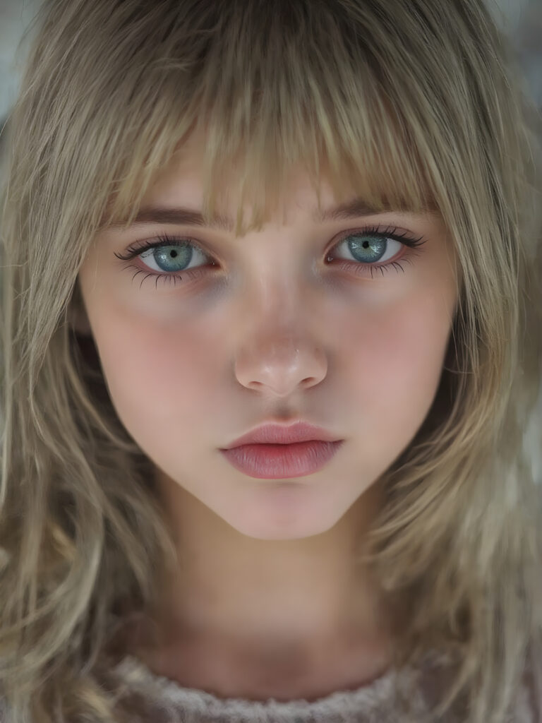 A (((vividly full face))) of a (((beautiful young girl))), with (((radiant green emerald eyes))), ((perfectly straight blond and brown hair)) framing her face as she sends a playful (((kiss))) to a viewer, her (((full plump lips))), (((black eyebrows that frame her face beautifully))), and a (short, tight brown and white checkered dress) accentuating her (symmetrical beauty). Her (((lips are full and painted in (red lipstick)), oozing elegance and allure, captivating every viewer with her gaze. The scene exudes a (soft, seductive aura) that complements her overall (angelic presence).