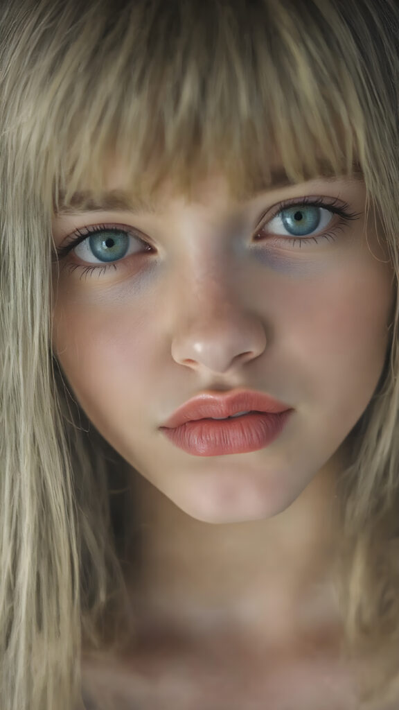 A (((vividly full face))) of a (((beautiful young happy girl))), with (((radiant green emerald eyes))), ((perfectly straight blond and black hair)) framing her face as she sends a playful (((kiss))) to a viewer, her (((full plump lips))), white teeth, (((black eyebrows that frame her face beautifully))), and a (short, tight brown and white checkered dress) accentuating her (symmetrical beauty). Her (((lips are full and painted in (red lipstick)), oozing elegance and allure, captivating every viewer with her gaze. The scene exudes a (soft, seductive aura) that complements her overall (angelic presence).