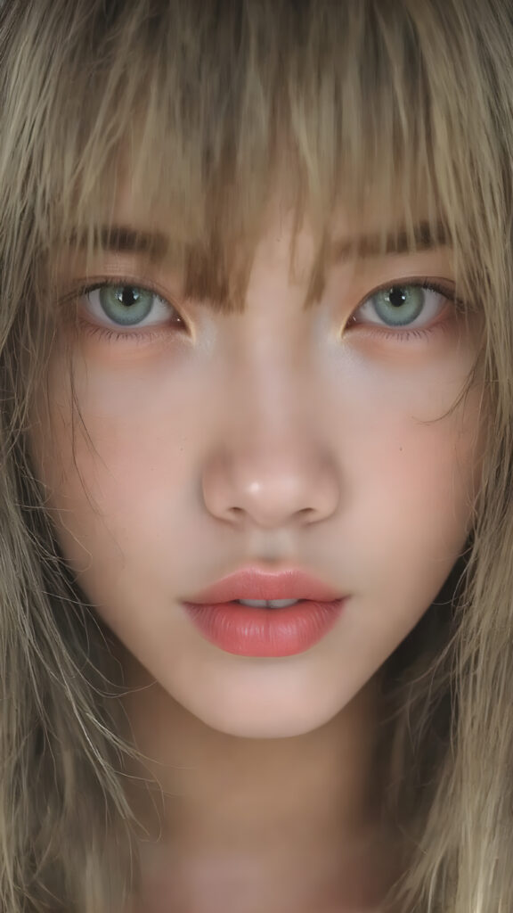 A (((vividly full face))) of a (((beautiful young Japanese girl))), with (((radiant green emerald eyes))), ((perfectly straight long blond and black hair)) framing her face as she sends a playful (((kiss))) to a viewer, her (((full plump lips))), white teeth, (((black eyebrows that frame her face beautifully))). Her (((lips are full and painted in (red lipstick)), oozing elegance and allure, captivating every viewer with her gaze. The scene exudes a (soft, seductive aura) that complements her overall (angelic presence).