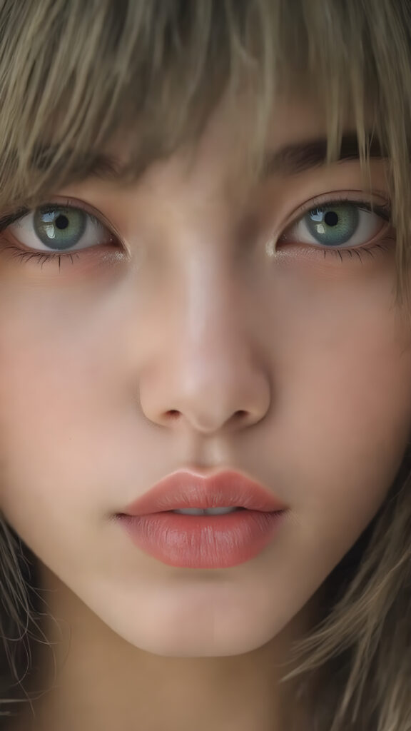 A (((vividly full face))) of a (((beautiful young Japanese girl))), with (((radiant green emerald eyes))), ((perfectly straight long blond and black hair)) framing her face as she sends a playful (((kiss))) to a viewer, her (((full plump lips))), white teeth, (((black eyebrows that frame her face beautifully))). Her (((lips are full and painted in (red lipstick)), oozing elegance and allure, captivating every viewer with her gaze. The scene exudes a (soft, seductive aura) that complements her overall (angelic presence).