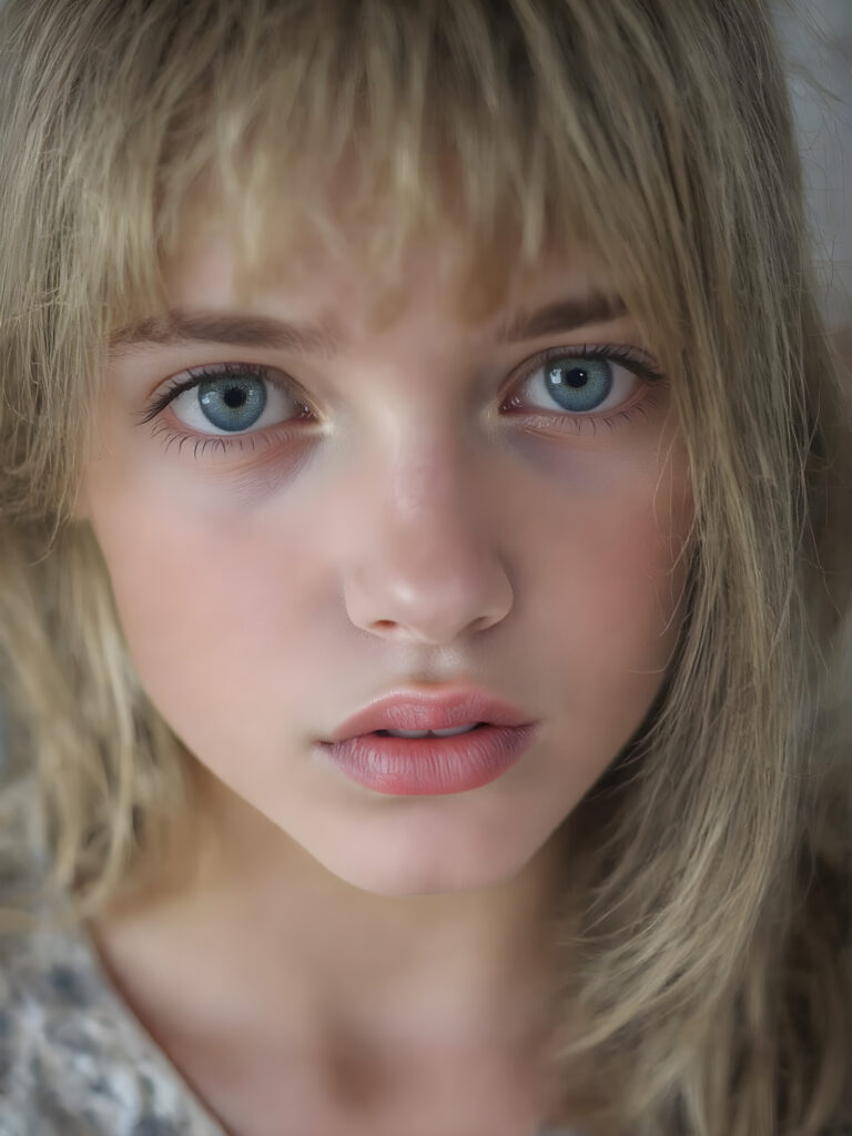 A (((vividly full face))) of a (((beautiful young girl))), with (((radiant green emerald eyes))), ((perfectly straight blond and brown hair)) framing her face as she sends a playful (((kiss))) to a viewer, her (((full plump lips))), (((black eyebrows that frame her face beautifully))), and a (short, tight brown and white checkered dress) accentuating her (symmetrical beauty). Her (((lips are full and painted in (red lipstick)), oozing elegance and allure, captivating every viewer with her gaze. The scene exudes a (soft, seductive aura) that complements her overall (angelic presence).