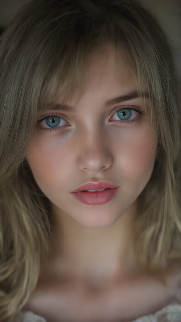 A (((vividly full face))) of a (((beautiful young happy girl))), with (((radiant green emerald eyes))), ((perfectly straight blond and black hair)) framing her face as she sends a playful (((kiss))) to a viewer, her (((full plump lips))), white teeth, (((black eyebrows that frame her face beautifully))), and a (short, tight brown and white checkered dress) accentuating her (symmetrical beauty). Her (((lips are full and painted in (red lipstick)), oozing elegance and allure, captivating every viewer with her gaze. The scene exudes a (soft, seductive aura) that complements her overall (angelic presence).