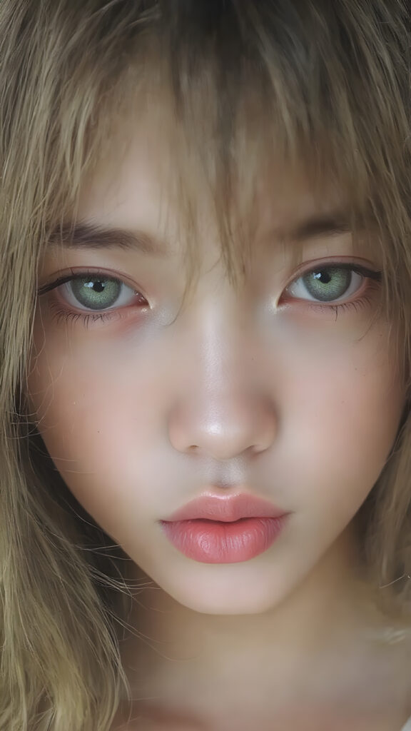 A (((vividly full face))) of a (((beautiful young Japanese girl))), with (((radiant green emerald eyes))), ((perfectly straight long blond and black hair)) framing her face as she sends a playful (((kiss))) to a viewer, her (((full plump lips))), white teeth, (((black eyebrows that frame her face beautifully))). Her (((lips are full and painted in (red lipstick)), oozing elegance and allure, captivating every viewer with her gaze. The scene exudes a (soft, seductive aura) that complements her overall (angelic presence).