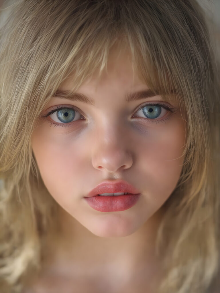 A (((vividly full face))) of a (((beautiful young girl))), with (((radiant green emerald eyes))), ((perfectly straight blond and brown hair)) framing her face as she sends a playful (((kiss))) to a viewer, her (((full plump lips))), (((black eyebrows that frame her face beautifully))), and a (short, tight brown and white checkered dress) accentuating her (symmetrical beauty). Her (((lips are full and painted in (red lipstick)), oozing elegance and allure, captivating every viewer with her gaze. The scene exudes a (soft, seductive aura) that complements her overall (angelic presence).
