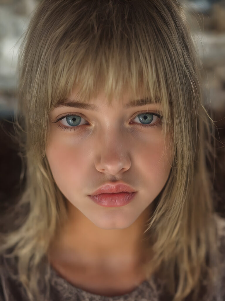 A (((vividly full face))) of a (((beautiful young girl))), with (((radiant green emerald eyes))), ((perfectly straight blond and brown hair)) framing her face as she sends a playful (((kiss))) to a viewer, her (((full plump lips))), (((black eyebrows that frame her face beautifully))), and a (short, tight brown and white checkered dress) accentuating her (symmetrical beauty). Her (((lips are full and painted in (red lipstick)), oozing elegance and allure, captivating every viewer with her gaze. The scene exudes a (soft, seductive aura) that complements her overall (angelic presence).