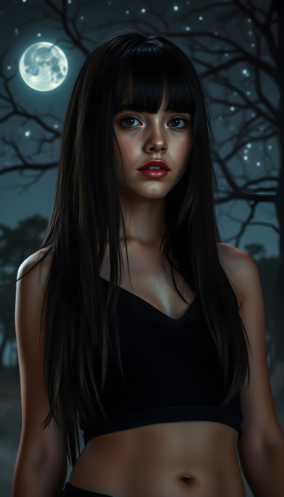 A vividly imaginative scene featuring a young, stunning Emo girl with long, straight obsidian black hair that frames her round face and full lips. She wears a sleek black tank top with a deep V-neck, exuding a sense of edgy style. The backdrop is a dreamy night sky, with the moon casting a soft glow and stars twinkling in the distance. The lighting is dramatic, highlighting her expressive eyes and the contours of her face. She stands amidst a mystical forest, where ancient trees loom in the background, their branches reaching towards the night sky. The atmosphere is ethereal, with a hint of mist adding a touch of magic to the scene. Her pose is confident and captivating, making the viewer feel as though they are witnessing a moment of quiet rebellion against the serene night.