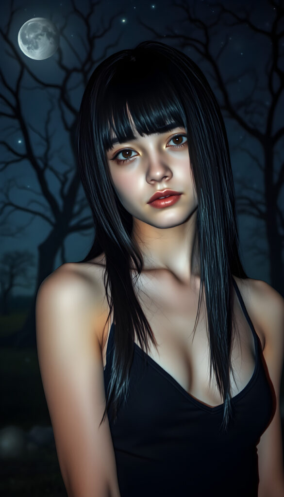 A vividly imaginative scene featuring a young, stunning Emo girl with long, straight obsidian black hair that frames her round face and full lips. She wears a sleek black tank top with a deep V-neck, exuding a sense of edgy style. The backdrop is a dreamy night sky, with the moon casting a soft glow and stars twinkling in the distance. The lighting is dramatic, highlighting her expressive eyes and the contours of her face. She stands amidst a mystical forest, where ancient trees loom in the background, their branches reaching towards the night sky. The atmosphere is ethereal, with a hint of mist adding a touch of magic to the scene. Her pose is confident and captivating, making the viewer feel as though they are witnessing a moment of quiet rebellion against the serene night.
