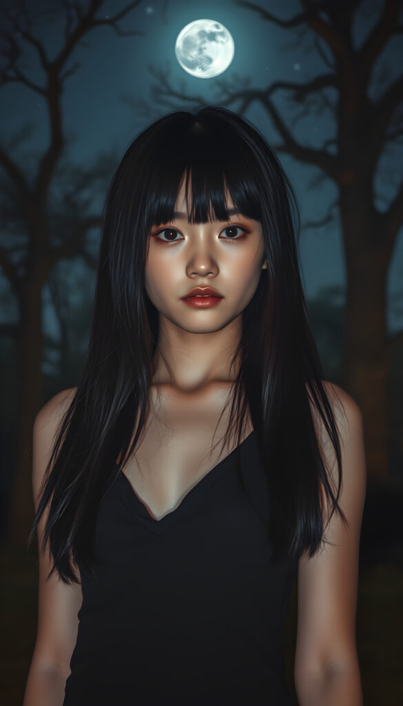 A vividly imaginative scene featuring a young, stunning Emo girl with long, straight obsidian black hair that frames her round face and full lips. She wears a sleek black tank top with a deep V-neck, exuding a sense of edgy style. The backdrop is a dreamy night sky, with the moon casting a soft glow and stars twinkling in the distance. The lighting is dramatic, highlighting her expressive eyes and the contours of her face. She stands amidst a mystical forest, where ancient trees loom in the background, their branches reaching towards the night sky. The atmosphere is ethereal, with a hint of mist adding a touch of magic to the scene. Her pose is confident and captivating, making the viewer feel as though they are witnessing a moment of quiet rebellion against the serene night.