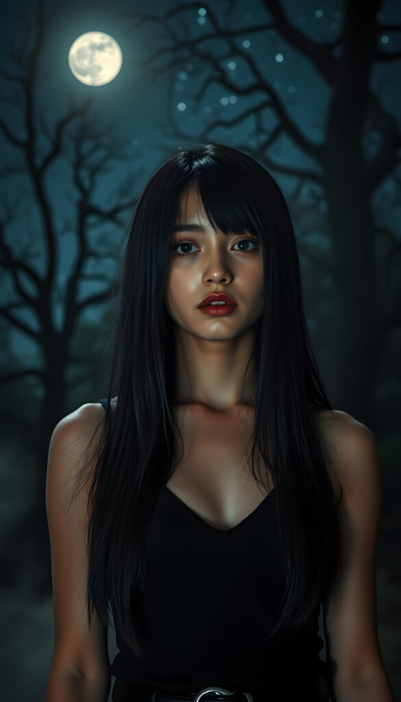 A vividly imaginative scene featuring a young, stunning Emo girl with long, straight obsidian black hair that frames her round face and full lips. She wears a sleek black tank top with a deep V-neck, exuding a sense of edgy style. The backdrop is a dreamy night sky, with the moon casting a soft glow and stars twinkling in the distance. The lighting is dramatic, highlighting her expressive eyes and the contours of her face. She stands amidst a mystical forest, where ancient trees loom in the background, their branches reaching towards the night sky. The atmosphere is ethereal, with a hint of mist adding a touch of magic to the scene. Her pose is confident and captivating, making the viewer feel as though they are witnessing a moment of quiet rebellion against the serene night.