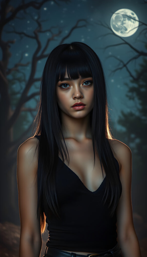 A vividly imaginative scene featuring a young, stunning Emo girl with long, straight obsidian black hair that frames her round face and full lips. She wears a sleek black tank top with a deep V-neck, exuding a sense of edgy style. The backdrop is a dreamy night sky, with the moon casting a soft glow and stars twinkling in the distance. The lighting is dramatic, highlighting her expressive eyes and the contours of her face. She stands amidst a mystical forest, where ancient trees loom in the background, their branches reaching towards the night sky. The atmosphere is ethereal, with a hint of mist adding a touch of magic to the scene. Her pose is confident and captivating, making the viewer feel as though they are witnessing a moment of quiet rebellion against the serene night.