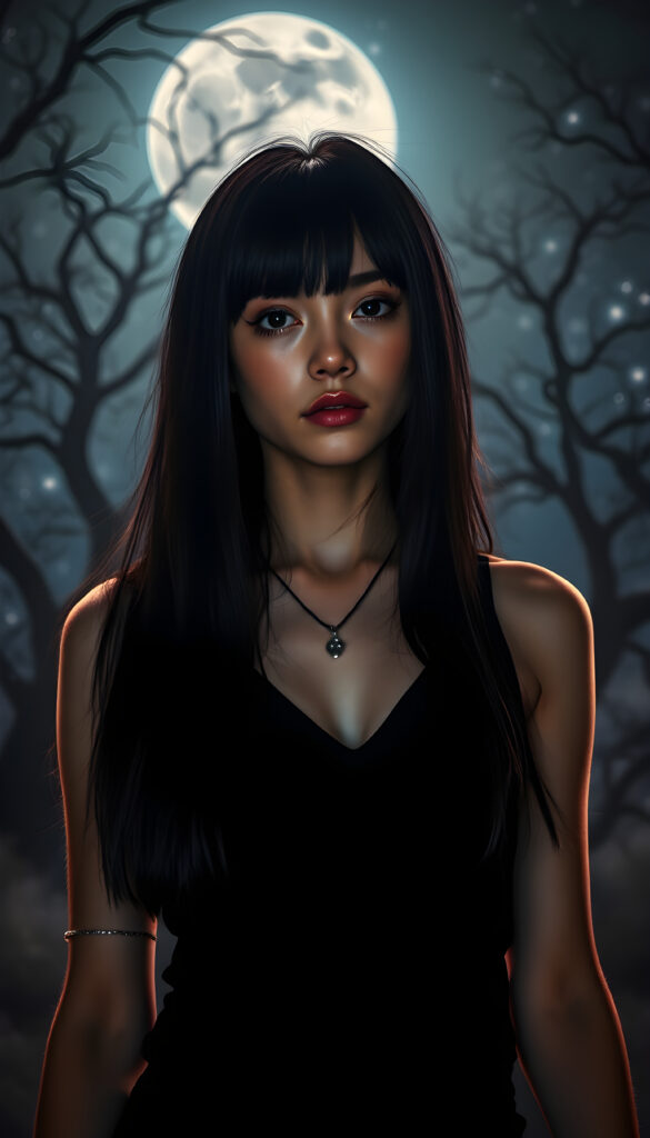 A vividly imaginative scene featuring a young, stunning Emo girl with long, straight obsidian black hair that frames her round face and full lips. She wears a sleek black tank top with a deep V-neck, exuding a sense of edgy style. The backdrop is a dreamy night sky, with the moon casting a soft glow and stars twinkling in the distance. The lighting is dramatic, highlighting her expressive eyes and the contours of her face. She stands amidst a mystical forest, where ancient trees loom in the background, their branches reaching towards the night sky. The atmosphere is ethereal, with a hint of mist adding a touch of magic to the scene. Her pose is confident and captivating, making the viewer feel as though they are witnessing a moment of quiet rebellion against the serene night.