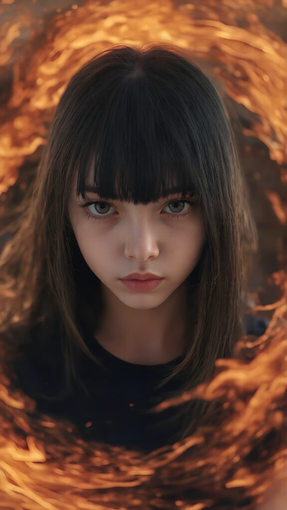 A (((vividly realistic image))) showcasing a (((fascinating young girl))), with straight, long black hair and (((black bangs))), dressed in a black t-shirt, with a captivating smile and intense gaze, as if drawn by the power of a (dynamic fire aura) swirling around her person, giving off an air of (mysterious allure) that exudes confidence and strength. Her look blends seamlessly into a (modern, high-res fantasy setting) with a soft, colorful glow emanating from her form, adding a (freshly printed and high-quality touch) to the advanced prompt, creating a (masterfully drawn masterpiece) that embodies the essence of a (digital art) celebration