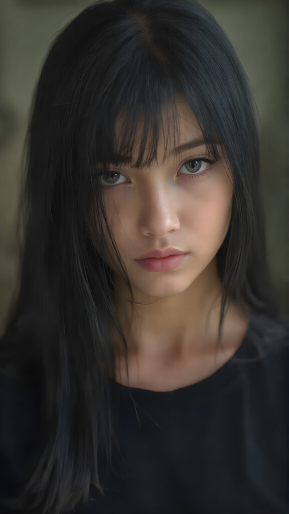 A (((vividly realistic image))) showcasing a (((fascinating young girl))), with straight, long black hair and (((black bangs))), dressed in a black t-shirt, giving off an air of (mysterious allure) that exudes confidence and strength. Her look blends seamlessly into a (modern, high-res fantasy setting).