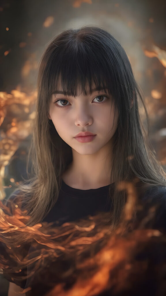 A (((vividly realistic image))) showcasing a (((fascinating young girl))), with straight, long black hair and (((black bangs))), dressed in a black t-shirt, with a captivating smile and intense gaze, as if drawn by the power of a (dynamic fire aura) swirling around her person, giving off an air of (mysterious allure) that exudes confidence and strength. Her look blends seamlessly into a (modern, high-res fantasy setting) with a soft, colorful glow emanating from her form, adding a (freshly printed and high-quality touch) to the advanced prompt, creating a (masterfully drawn masterpiece) that embodies the essence of a (digital art) celebration