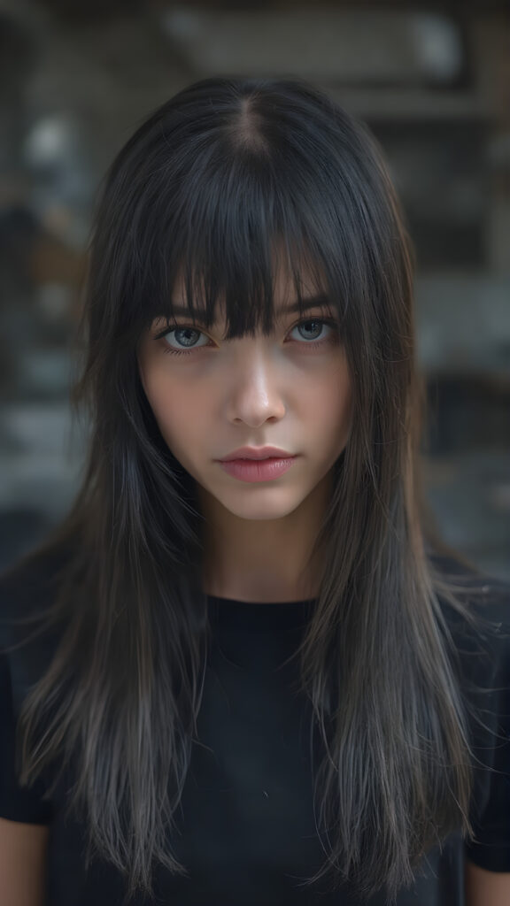 A (((vividly realistic image))) showcasing a (((fascinating young girl))), with straight, long black hair and (((black bangs))), dressed in a black t-shirt, giving off an air of (mysterious allure) that exudes confidence and strength. Her look blends seamlessly into a (modern, high-res fantasy setting).